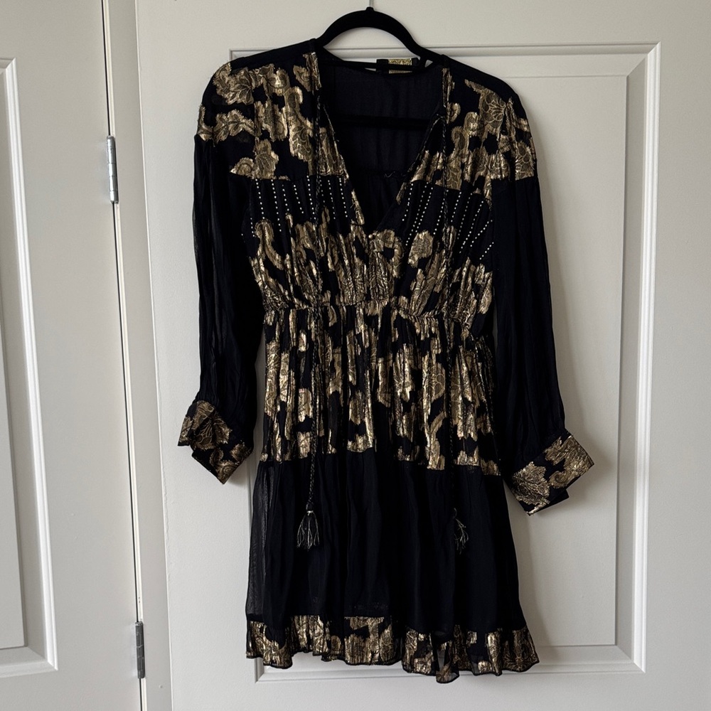 Black and Gold Metallic Mini Dress with Tassel Tie